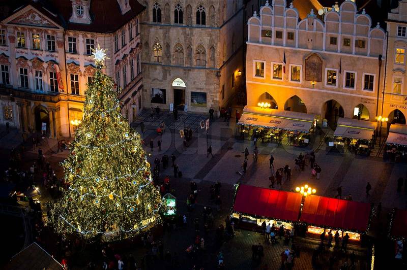 Christmas tree on Old Town Square in Prague from above, stock photo