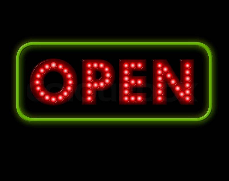Open Neon Sign with green surround, stock photo