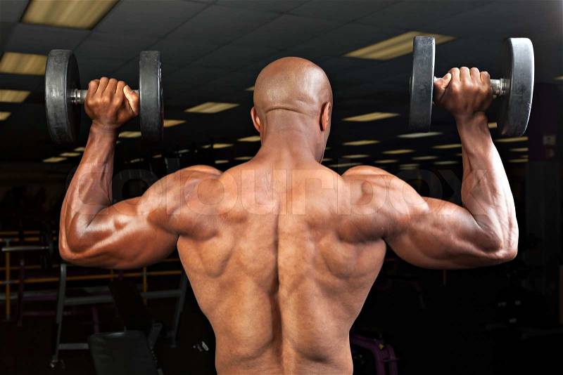 Strong back and shoulders on a ripped lean muscle fitness man lifting weights, stock photo