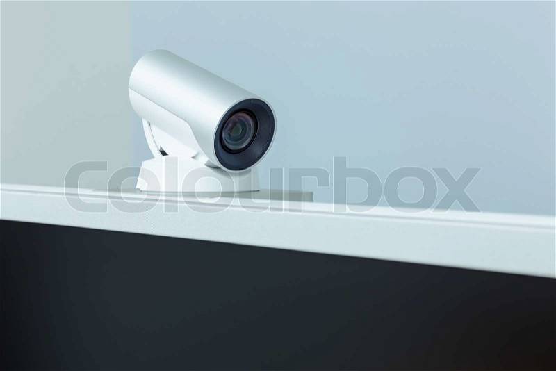 Teleconference, video conference or telepresence camera with black screen display, stock photo