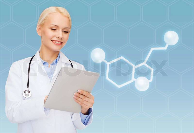 Healthcare, medicine and technology concept - smiling female doctor with tablet pc computer and molecule of serotonin over blue background, stock photo
