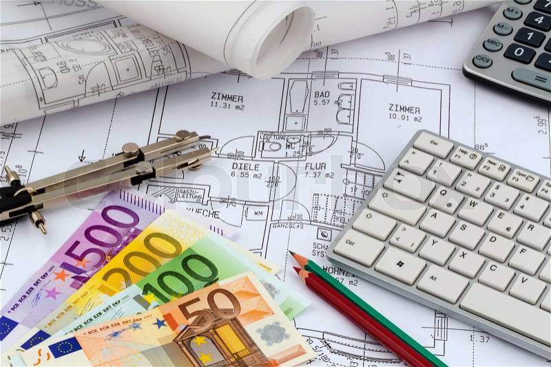 An architect\'s blueprint with euro money. symbolic photo for funding and planning of a new home, stock photo