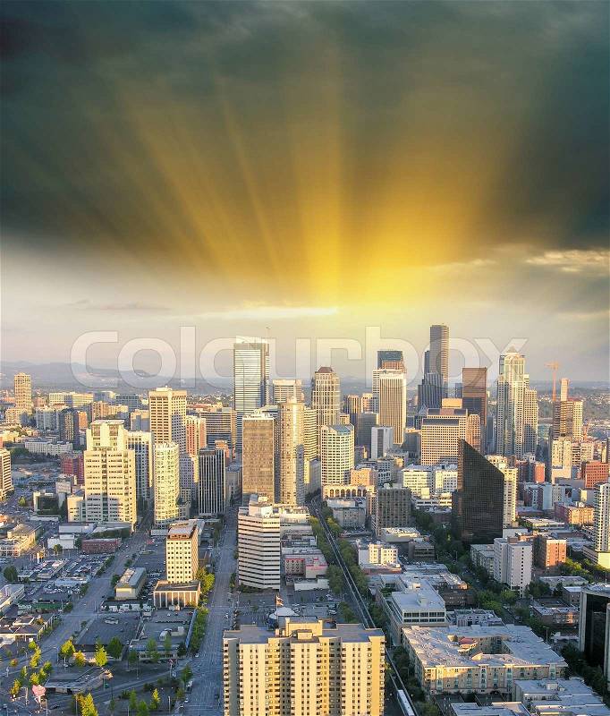Seattle skyline aerial panorama at sunset, Seattle, WA, stock photo