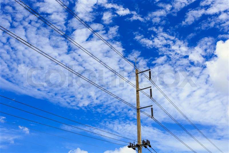 Electric pole and cavle with blue sky with cloud, stock photo