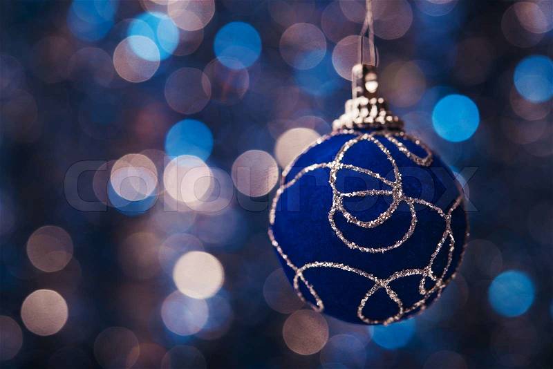 Merry Christmas background. Blue ball, stock photo