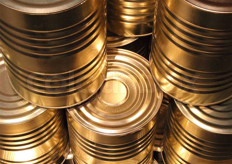 Topview of golden metal cans with line cut perspective, stock photo