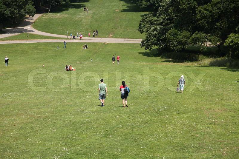 The population walk in the grass on the mount in the summer in England, stock photo