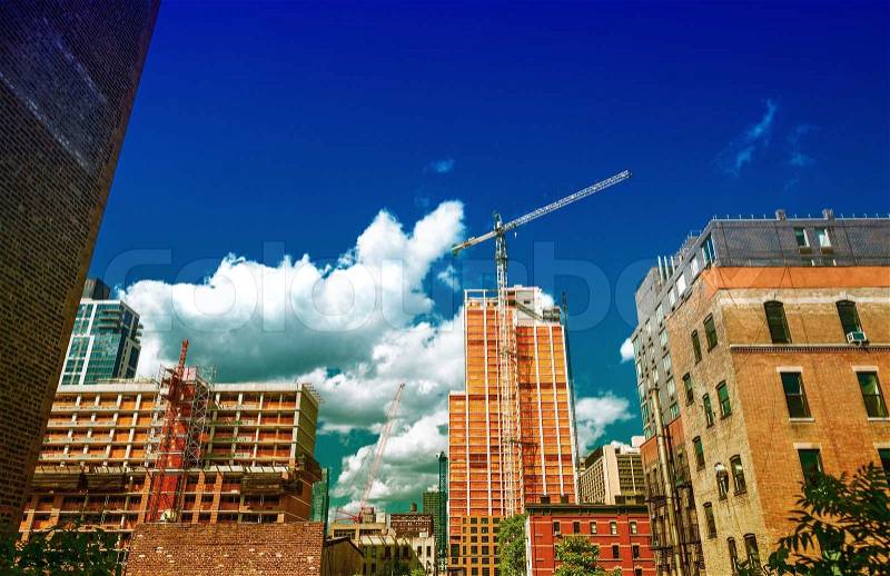 Stunning summer view of Manhattan Buildings from High Line Park. New York City, stock photo