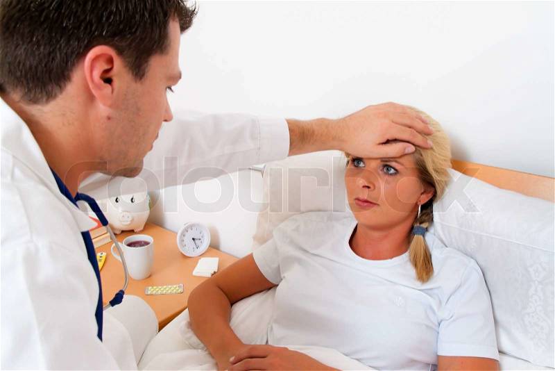 A physician house call. Examined sick wife, stock photo