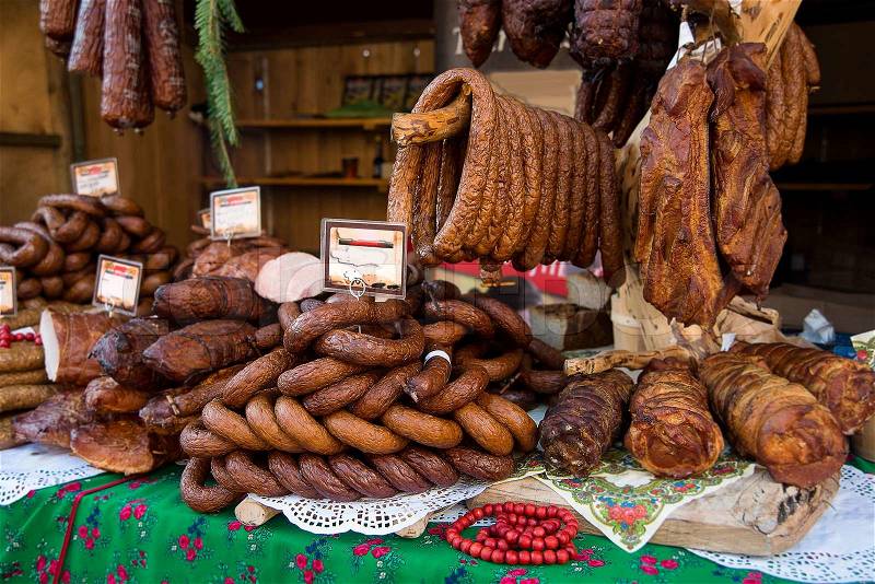Assorted several kinds of sausages and smoked meats, smoked meat, stock photo