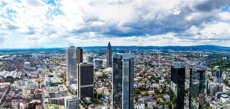 Summer panorama of the financial district in Frankfurt, Germany, stock photo