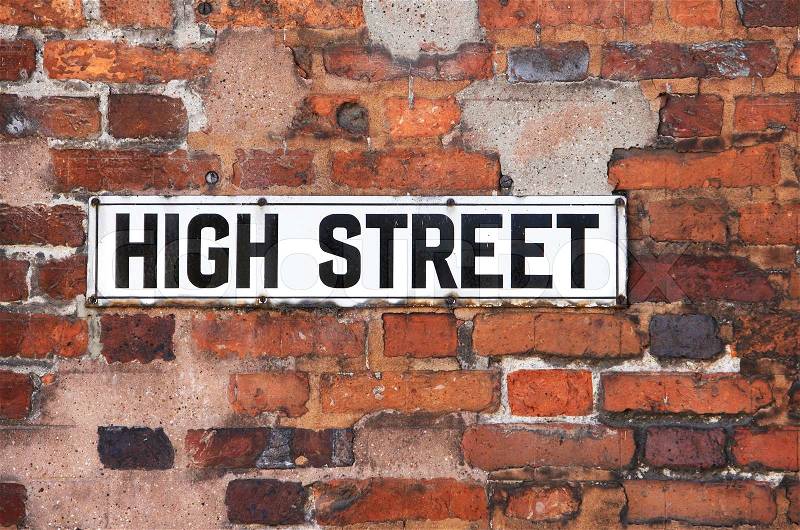 A decaying and rusty street sign for a high street representing commercail and retail in decline, stock photo