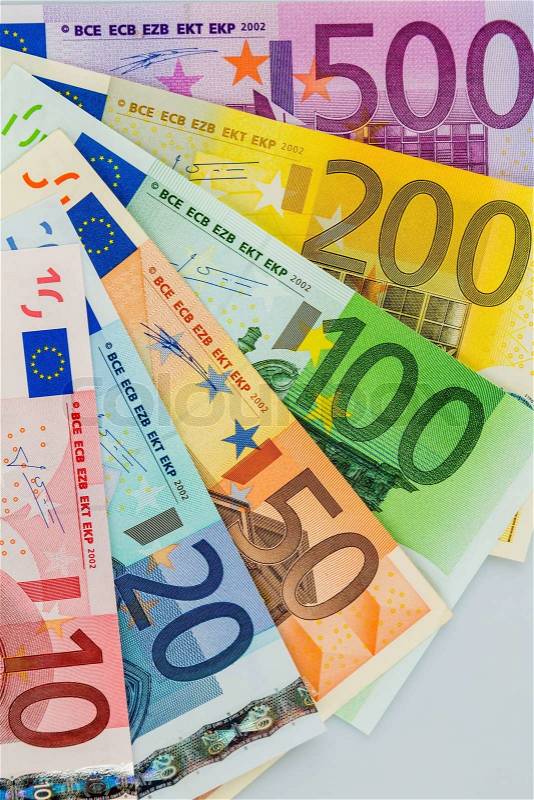 Many different euro bills. photo icon for wealth and investment, stock photo