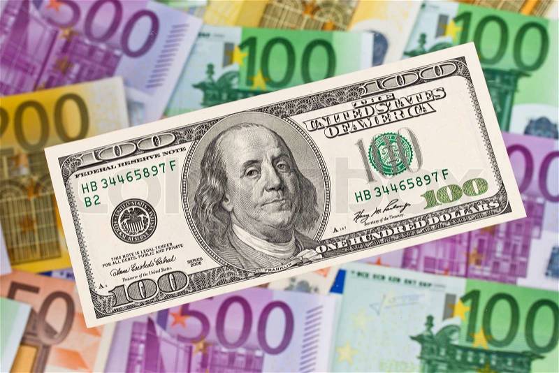 Dollar and Euro notes. Symbol differences Euro Dollar, stock photo