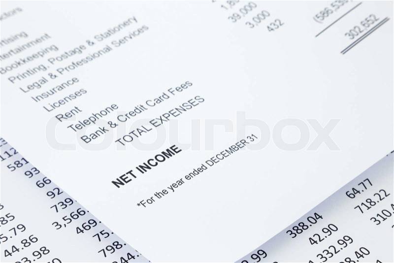 Net income word in business income statement with other detail lists in reports, accounting concept, black and white tone image, stock photo