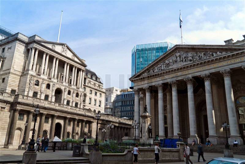 Building of the old market (right) and the Bank of England in London, England, stock photo