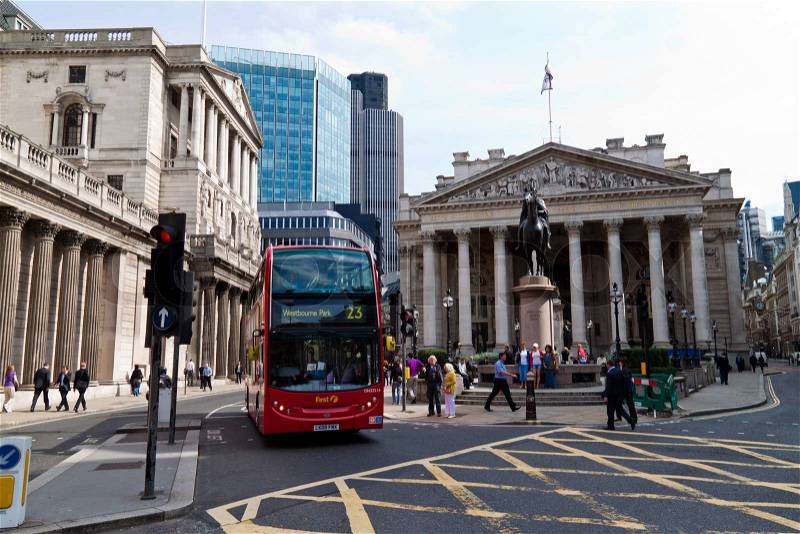 Building of the old market (right) and the Bank of England in London, England, stock photo