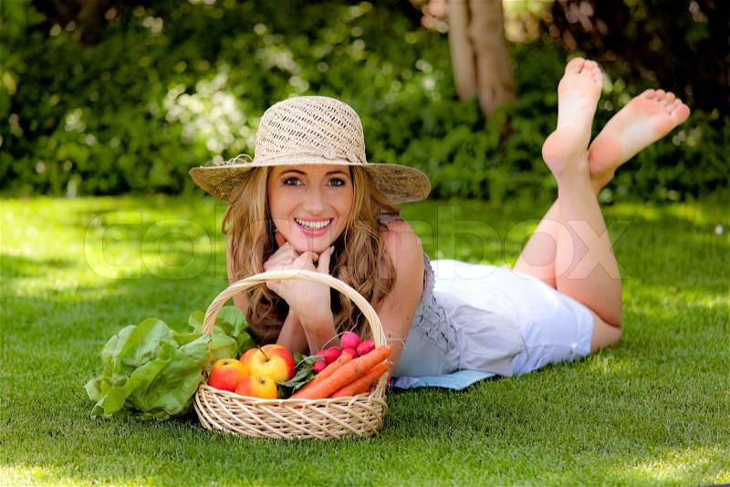 Fruit and vegetables in the basket with his wife, stock photo