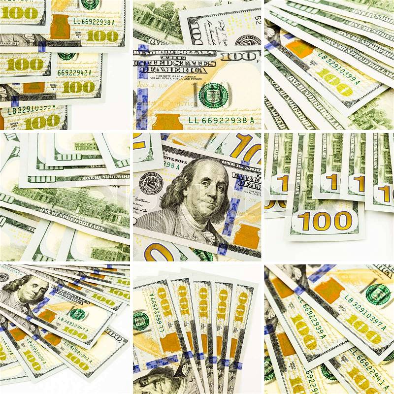 Currency, money, 100 new dollar banknotes collection theme images, collage set of nine photos, stock photo