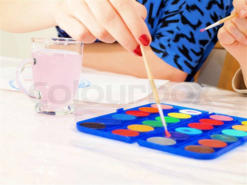 Painting with watercolors colors and color palette, stock photo