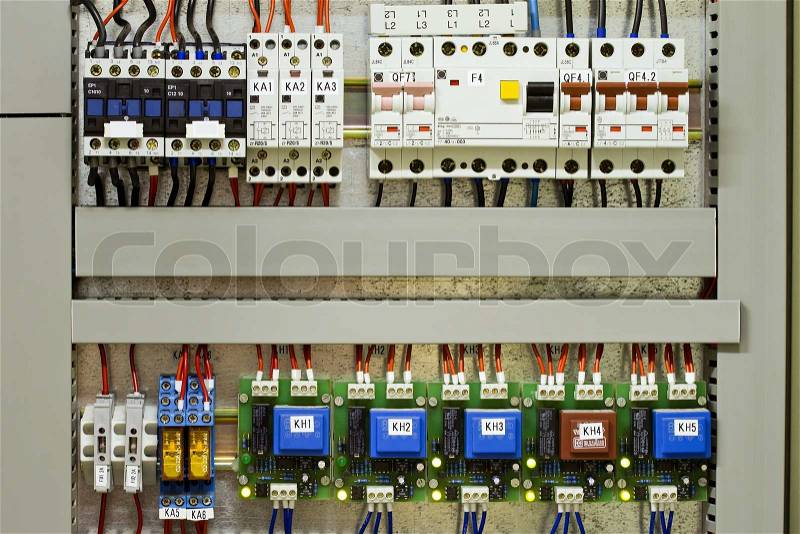 Electrical panel with fuses and contactors, stock photo