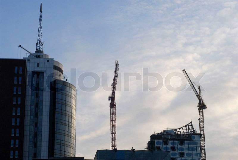 Construction site of the Elbphilharmonie in the port of Hamburg, Germany, stock photo