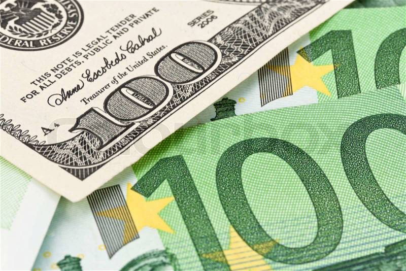 Dollar and Euro notes. Symbol differences Euro Dollar, stock photo