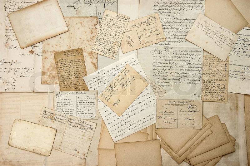 Old letters, handwritings, vintage postcards, ephemera. grungy nostalgic sentimental paper background, stock photo