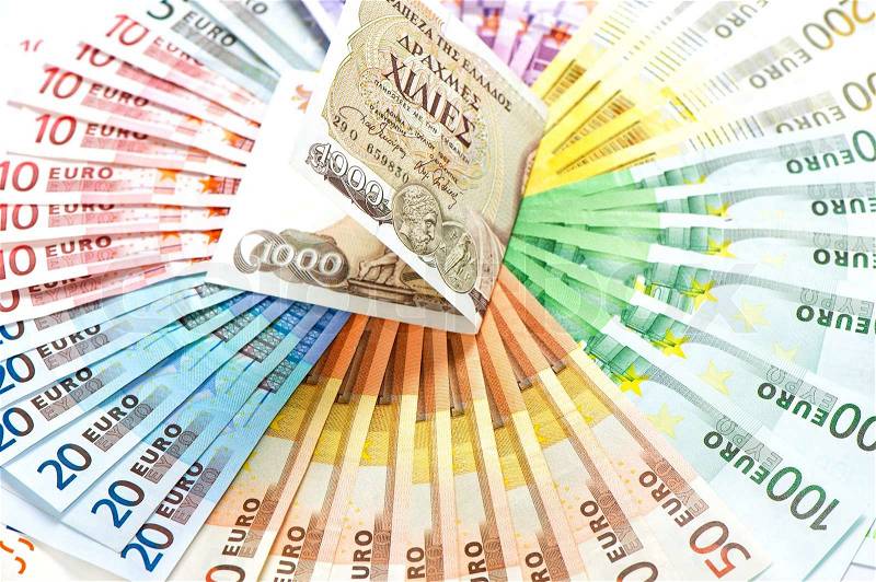 Old greek drachma and euro cash notes. euro financial crisis concept, stock photo