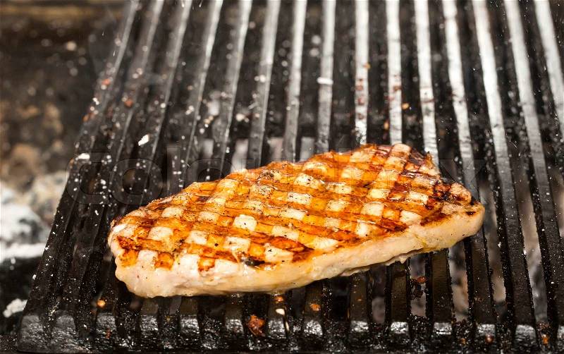 Cooking catfish meat on the grill, stock photo