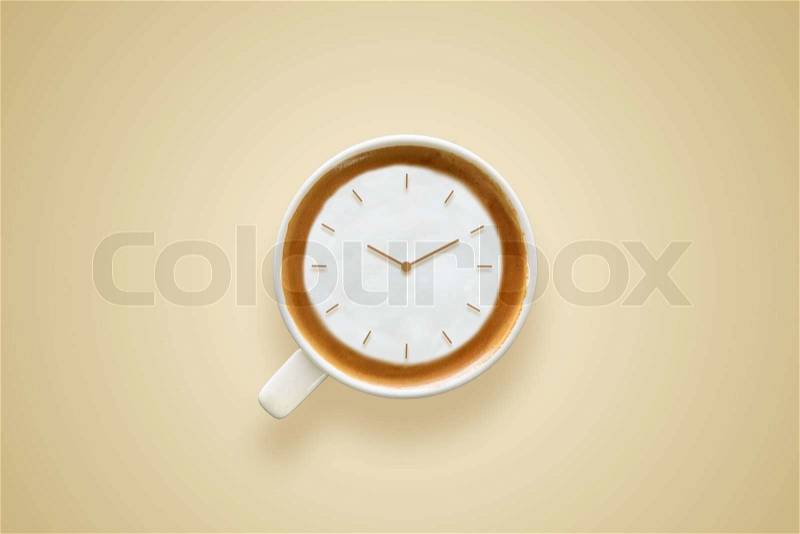 Coffee time , watch drawing on latte art coffee cup , stock photo