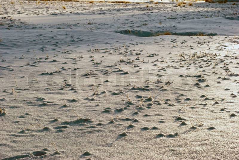 Snow covered field outdoors in cold Danish winter with sun and shadows, stock photo