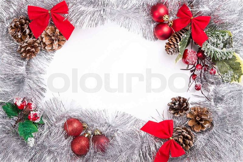 Tinsel frame background pine cone bow, stock photo