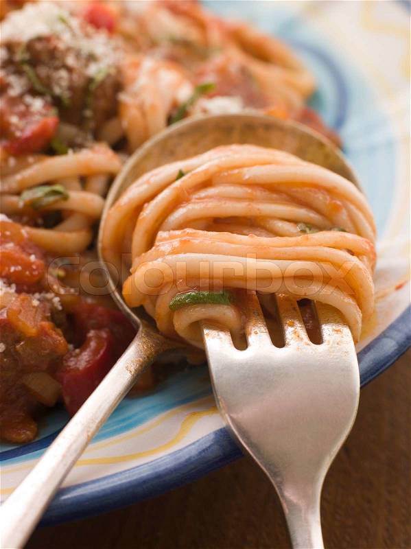 Close up of Spaghetti and Tomato Sauce twisted on a fork, stock photo