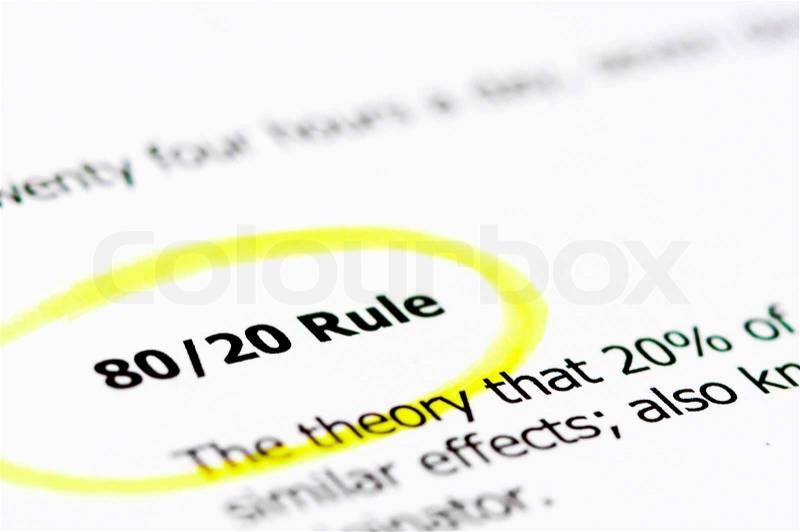 80/20 Rule words highlighted with yellow on white paper, copy space available, Marketing and Economy Concept, stock photo