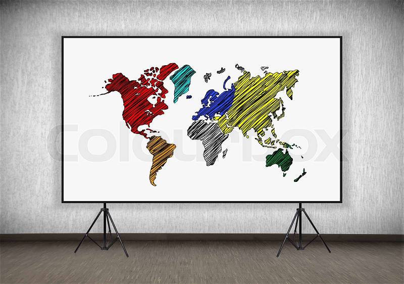 Desk with world map on a stand in room, stock photo