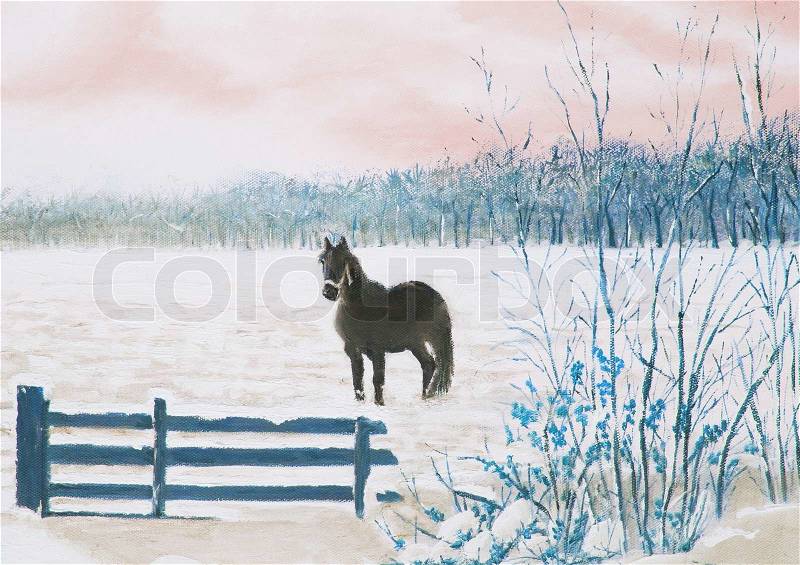 Frisian horse in a snowy meadow, painting oil, blue, stock photo