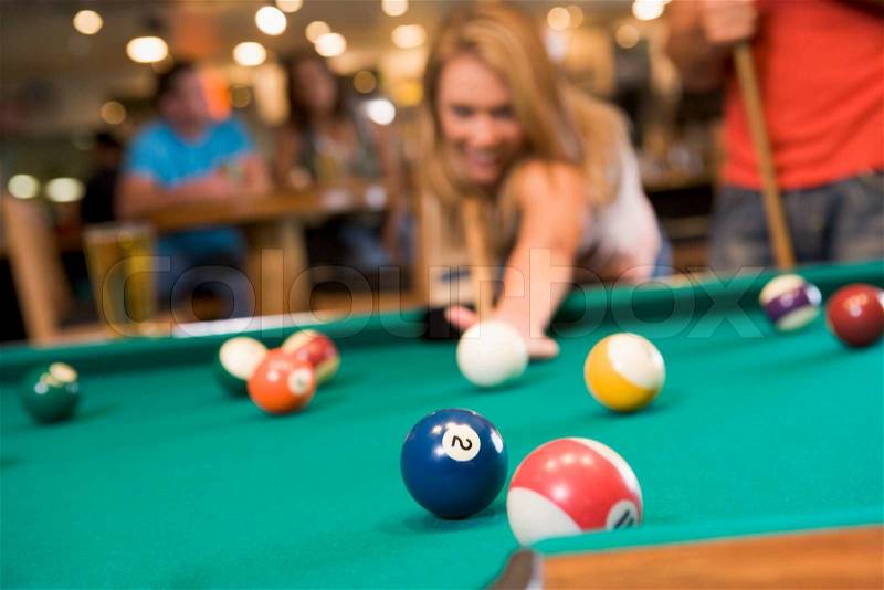 Stock image of \'pool ball, pool table, woman\'