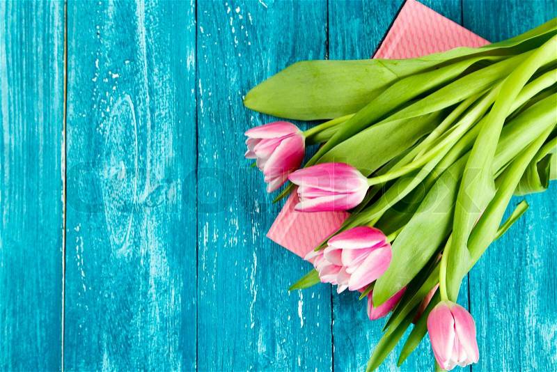 Beautiful pink tulips on blue wood background, stock photo