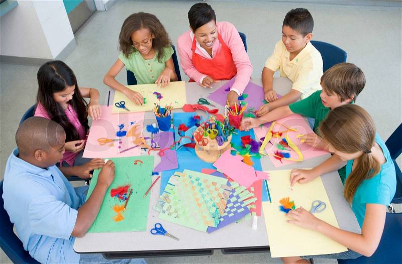 Elementary school art lesson from above, stock photo