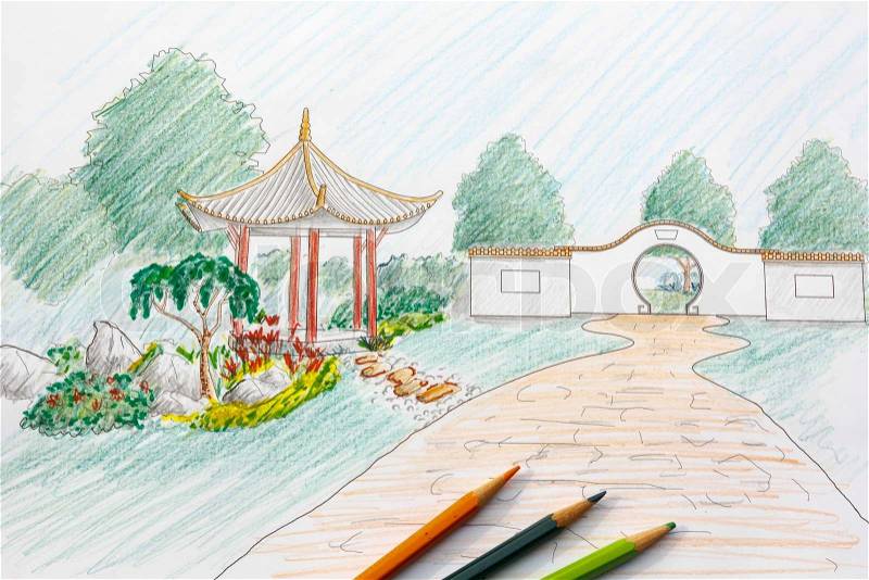 Landscape architect design chinese garden plan, stock photo