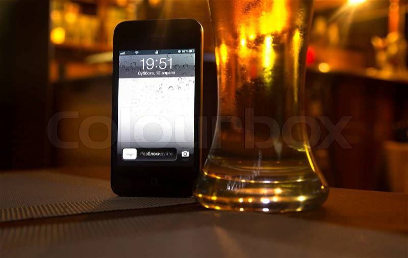 Phone screen bar beer, stock photo