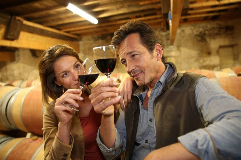 Oenologists in wine cellar tasting red wine, stock photo