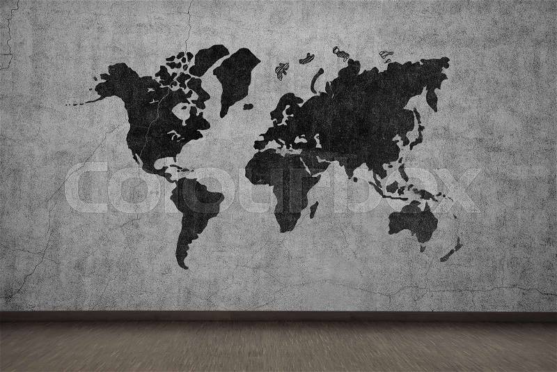 Drawing world map on gray concrete wall, stock photo