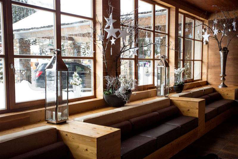 Beautiful modern wooden interior at Alpine ski resort, stock photo