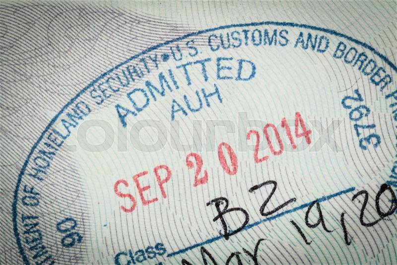 Admitted stamp of USA American Visa for immigration travel concept, stock photo