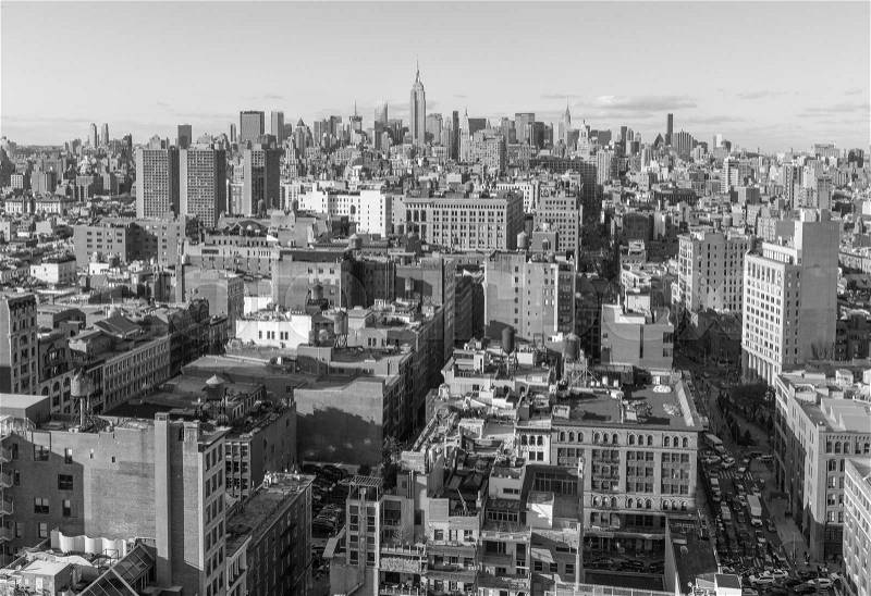 USA, NEW YORK CITY - April 27, 2012: New York City Manhattan skyline aerial view with street and skyscrapers. colorless photo , stock photo