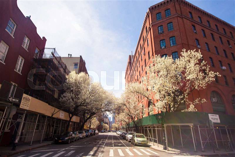 Empty streets in West Village at New York Manhattan, USA, stock photo