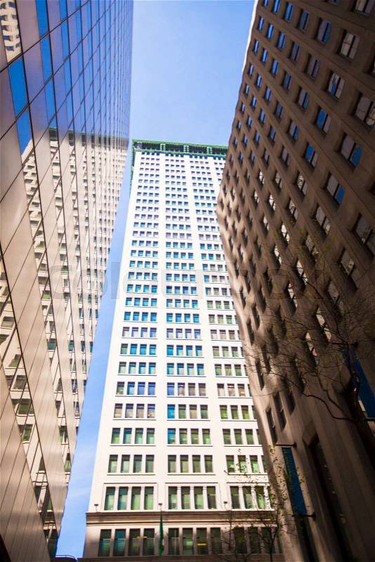 Highrise buildings in Wall Street financial district, New York City, USA, stock photo
