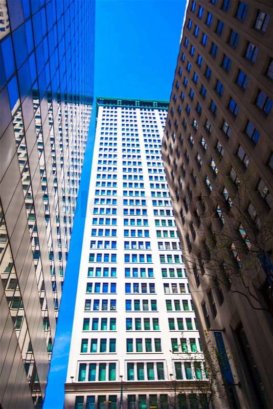 Highrise buildings in Wall Street financial district, New York City, stock photo
